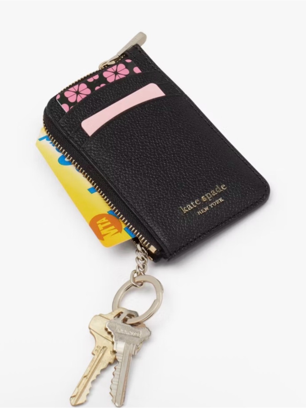 kate spade Black Leather Zip Card Holder Keychain with gold accent